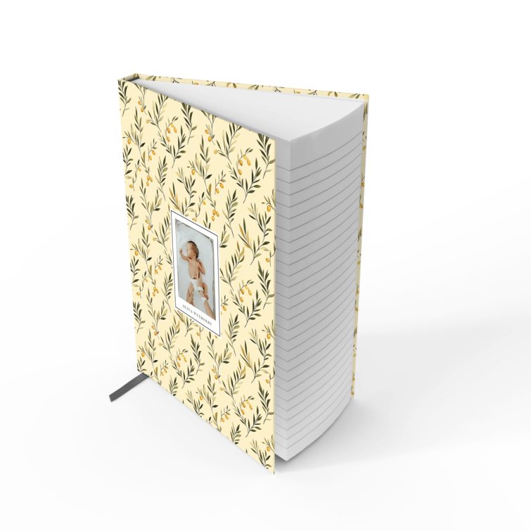 Floral patterned portrait notebook with one photo on the cover design for personalised printing.