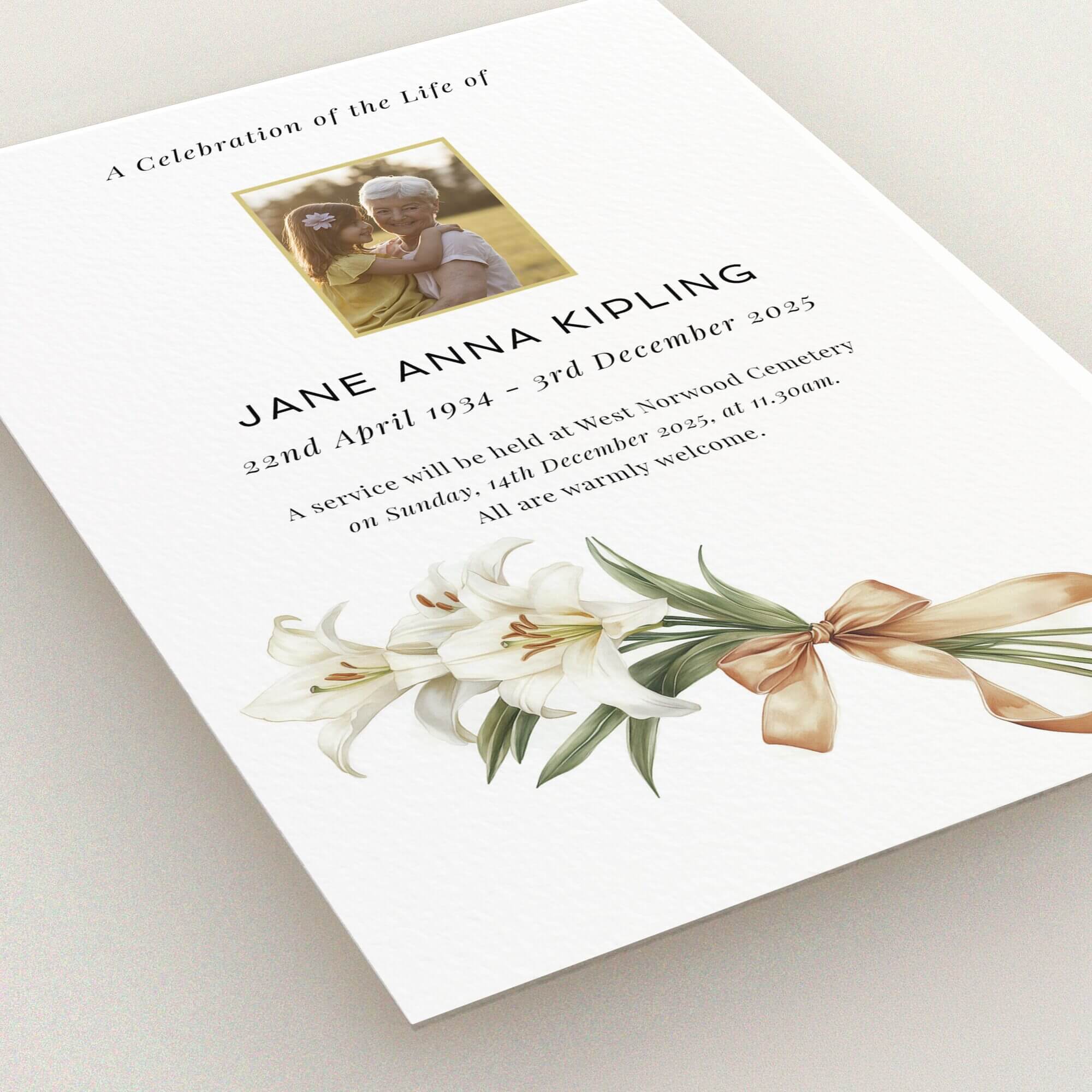 Elegant funeral announcement design with flowers and one photo for personalised memorial service invitations.