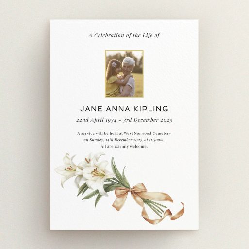 Elegant funeral announcement design with flowers and one photo for personalised memorial service invitations.