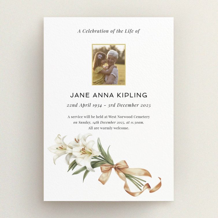 Elegant funeral announcement design with flowers and one photo for personalised memorial service invitations.