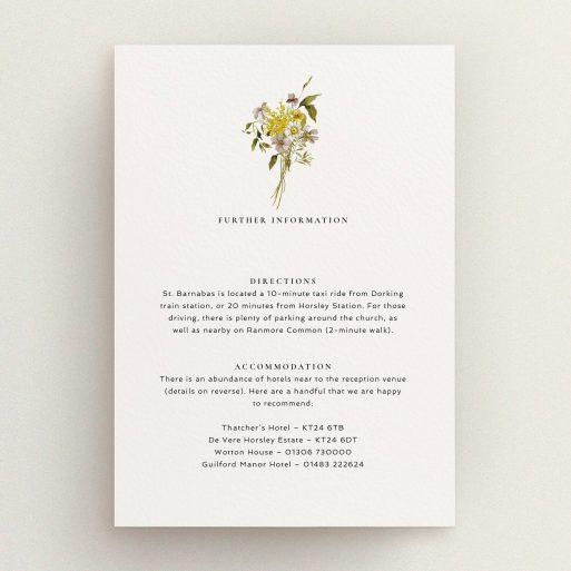 Floral wedding invitation card with further information and accommodation details, featuring one floral illustration.