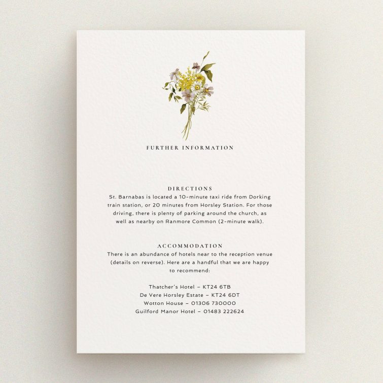 Floral wedding invitation card with further information and accommodation details, featuring one floral illustration.