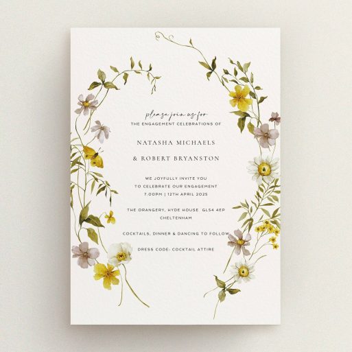 Elegant floral engagement party invitations design with delicate botanical illustrations.