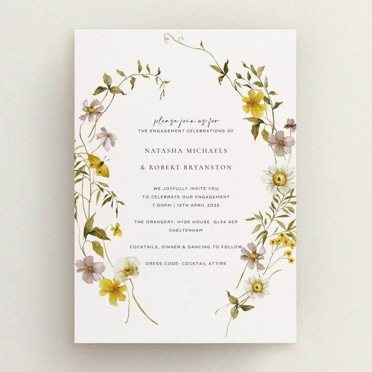 Elegant floral engagement party invitations design with delicate botanical illustrations.