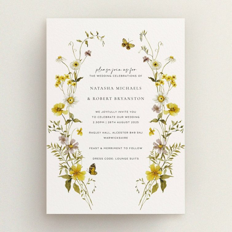 Floral wedding invitation design with yellow and white flowers, featuring two butterfly illustrations.