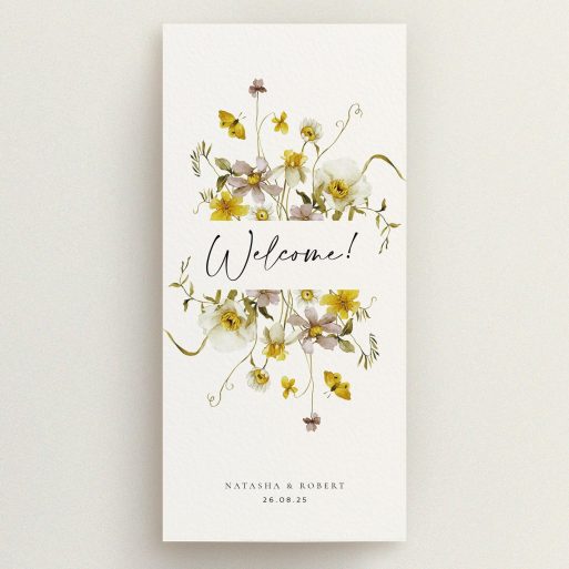 Floral wedding menu card design with butterfly illustrations and decorative text.