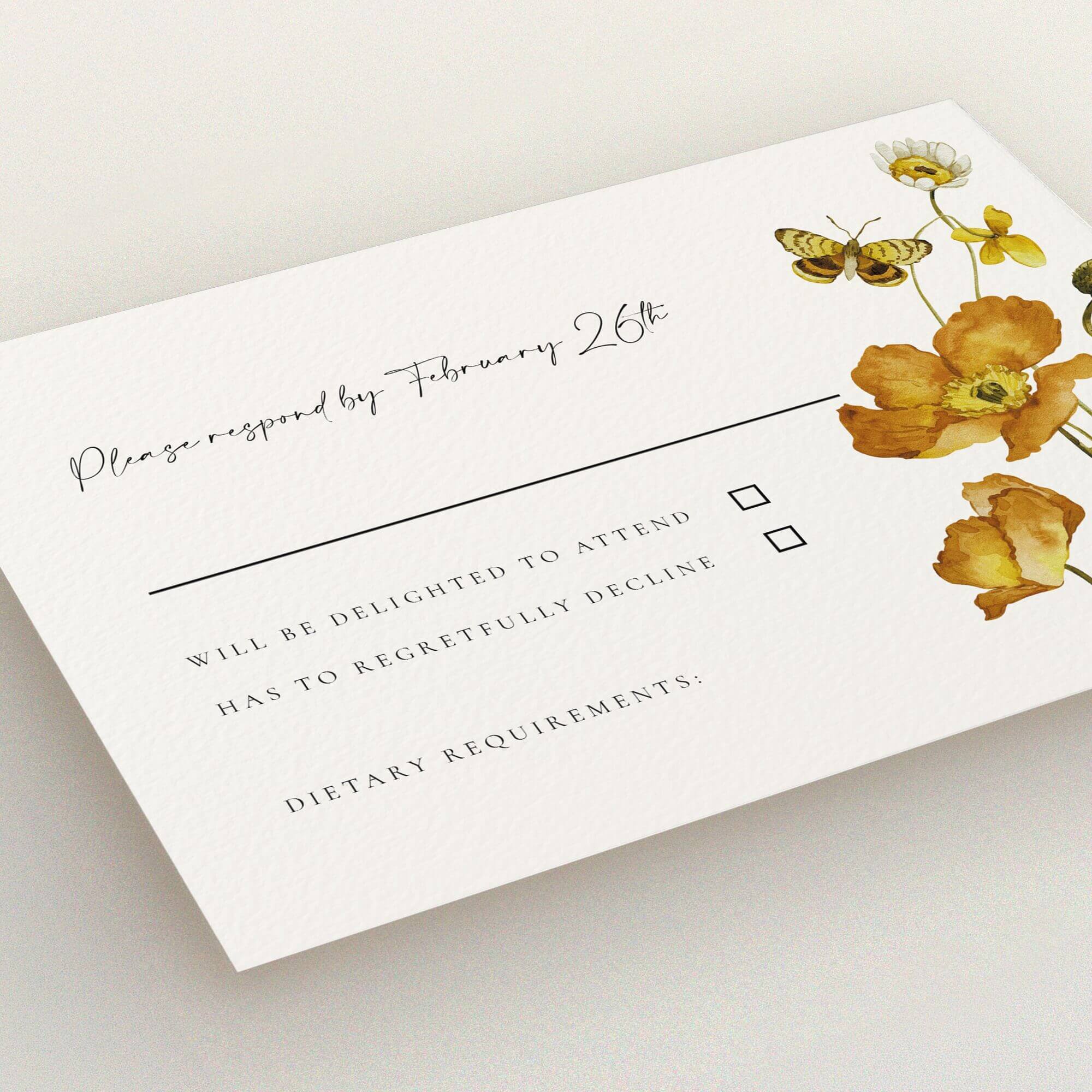 Floral wedding RSVP card design with colourful illustrations and response options, featuring one butterfly motif.