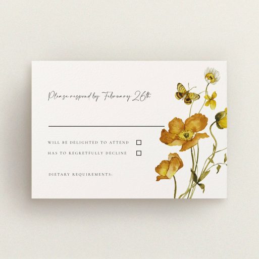 Floral wedding RSVP card design with colourful illustrations and response options, featuring one butterfly motif.