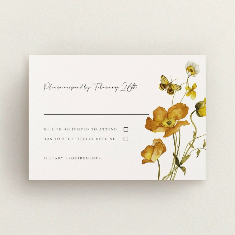 Floral wedding RSVP card design with colourful illustrations and response options, featuring one butterfly motif.
