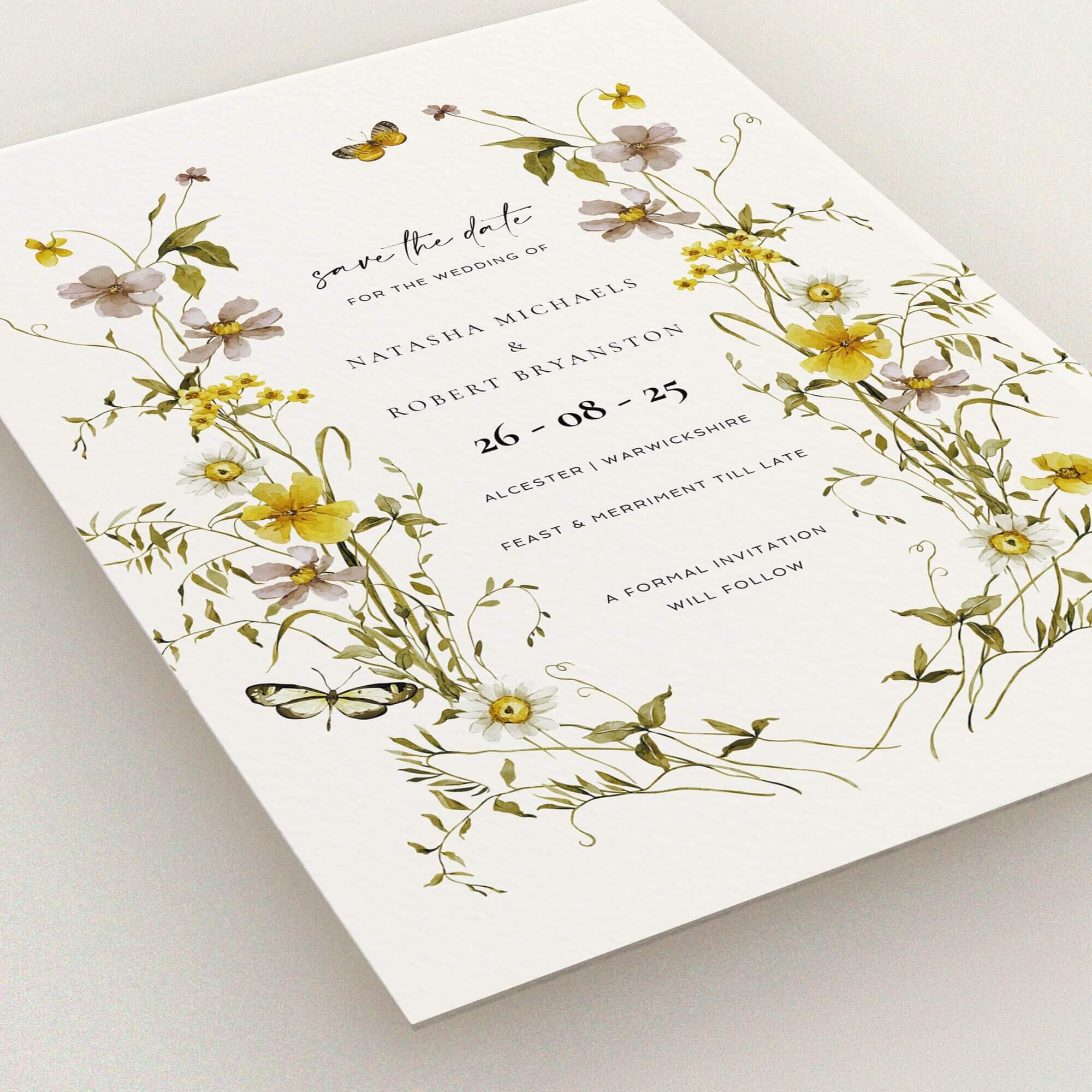 Elegant floral wedding save the date card design with vintage botanical illustrations and two photos.