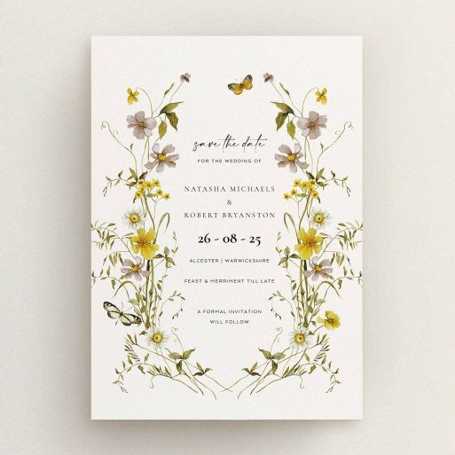 Elegant floral wedding save the date card design with vintage botanical illustrations and two photos.