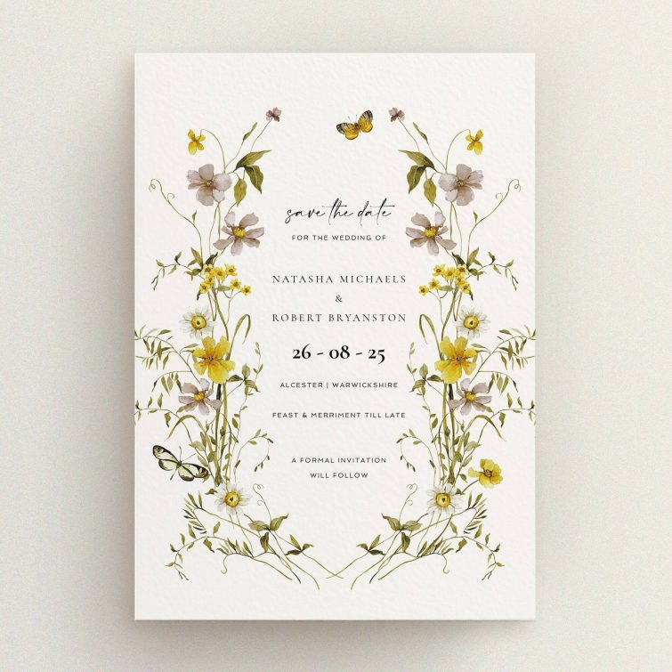 Elegant floral wedding save the date card design with vintage botanical illustrations and two photos.