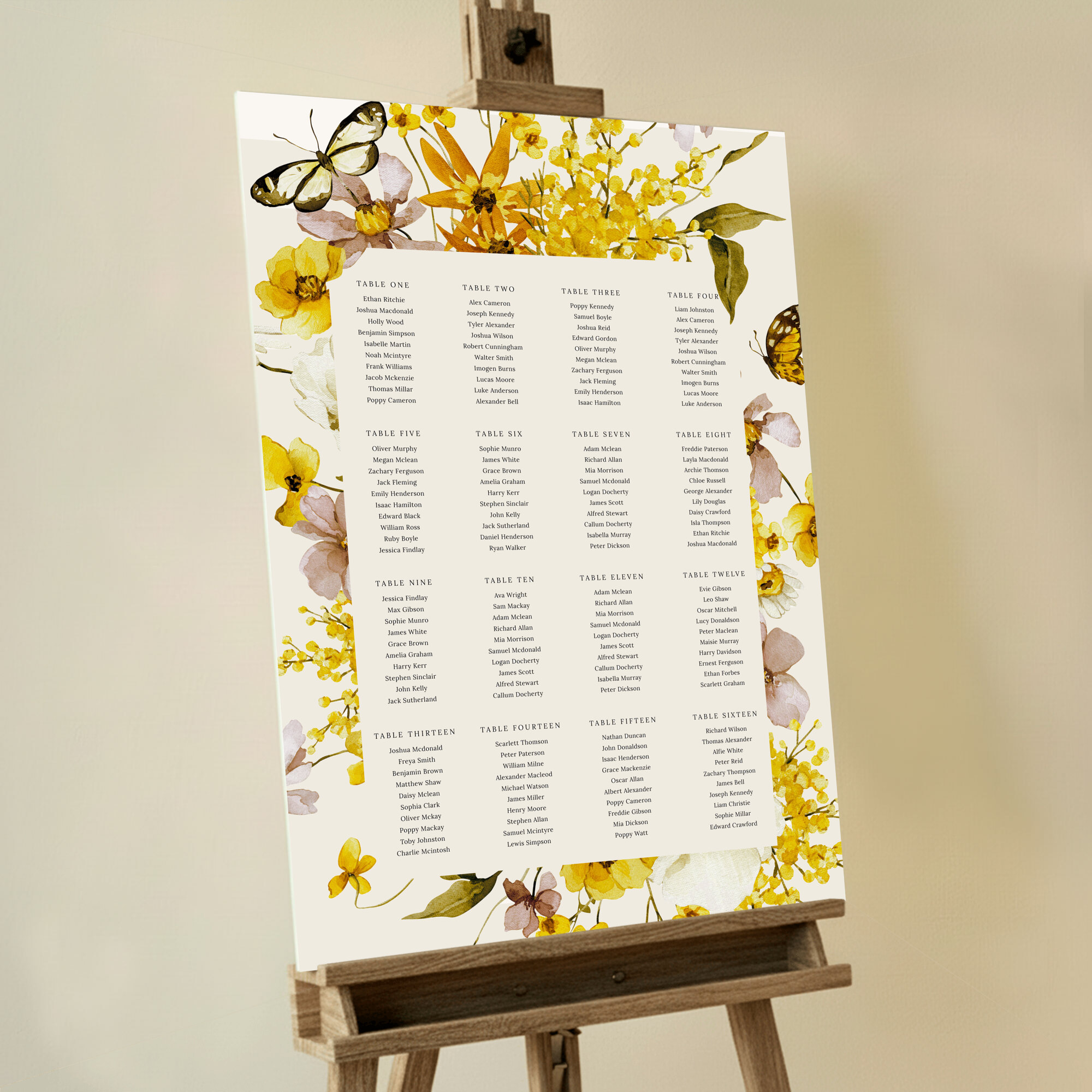 Floral wedding table plan with sixteen tables and two butterfly images. This one shows 16 tables.