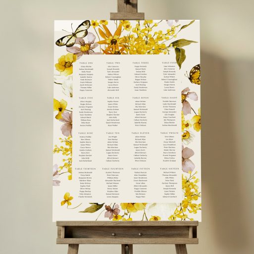 Floral wedding table plan with sixteen tables and two butterfly images. This one shows 16 tables.