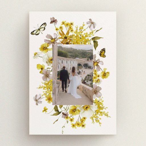 Elegant wedding thank you card design with one central photo surrounded by yellow floral accents.