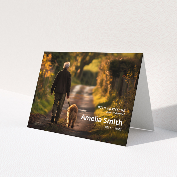 Funeral thank you card design with one photo walking with a dog