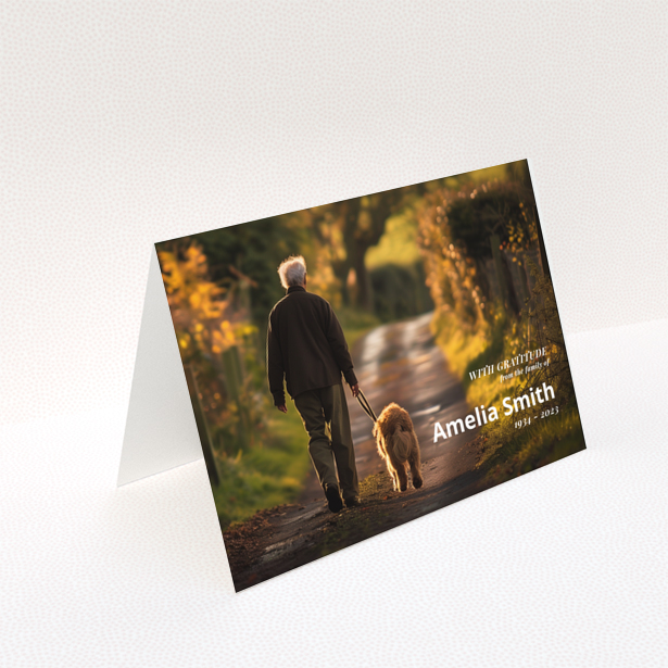 Funeral thank you card design with one photo walking with a dog