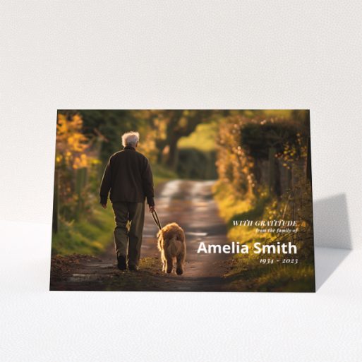 Funeral thank you card design with one photo walking with a dog