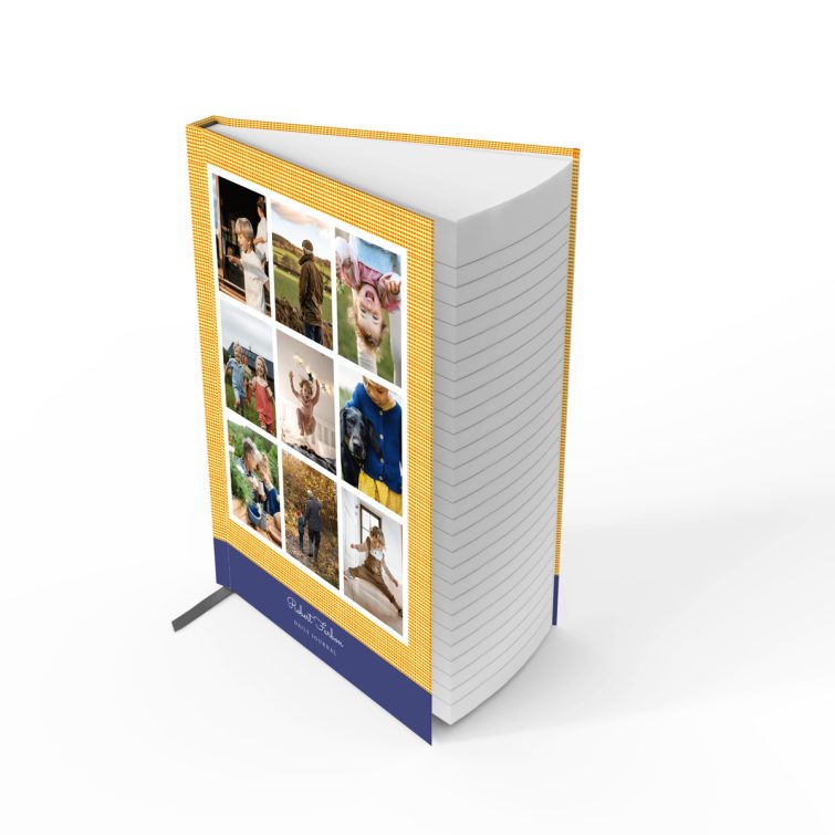 Colourful portrait notebook with nine photo placeholders on the front cover design.