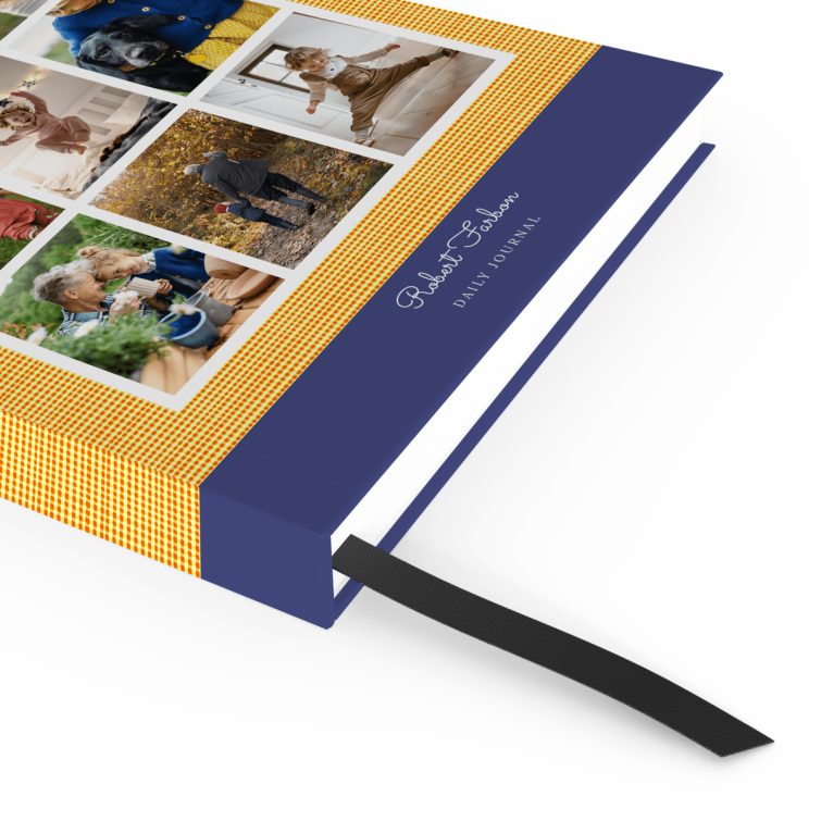 Colourful portrait notebook with nine photo placeholders on the front cover design.