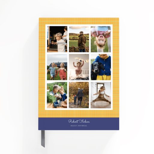 Colourful portrait notebook with nine photo placeholders on the front cover design.