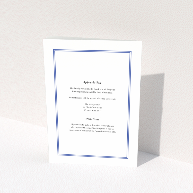 Funeral order of service program design reverse side with appreciation message and donations information featuring a classic border style