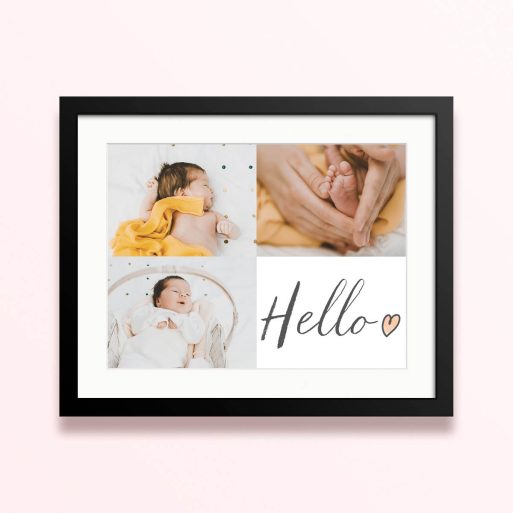 Framed and mounted photo print with three pictures of a baby and text saying hello