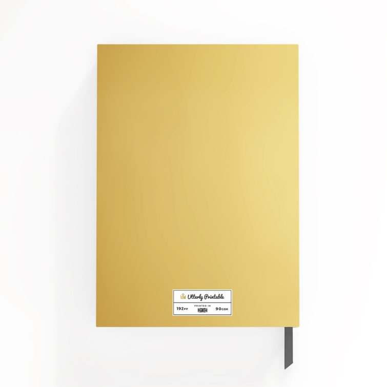 Elegant gold notebook cover design with Utterly Printable branding, featuring one photo placeholder on the front.