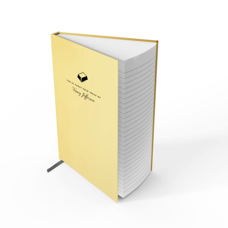 Elegant gold notebook cover design with Utterly Printable branding, featuring one photo placeholder on the front.