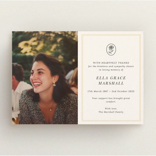 Elegant Funeral Card Funeral thank you card with one photo featuring elegant design and personalised message.
