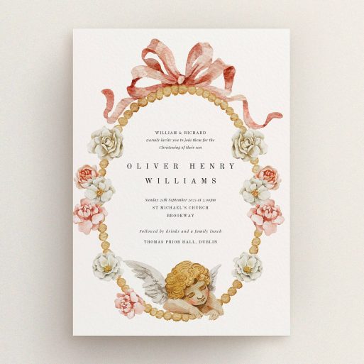 Elegant Christening Invitation Elegant floral christening invitation design with one angel illustration.