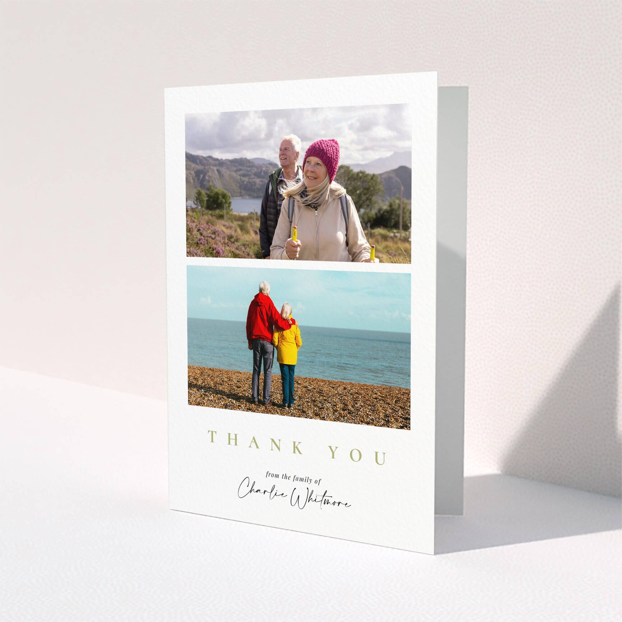 Funeral thank you card with two photos of an older couple in outdoor settings.