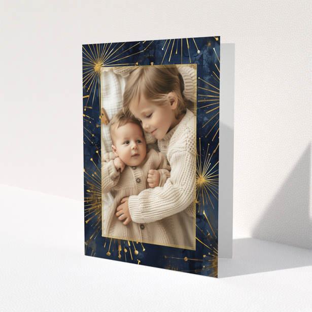 Baby thank you card design with one photo and a blue and gold festive background