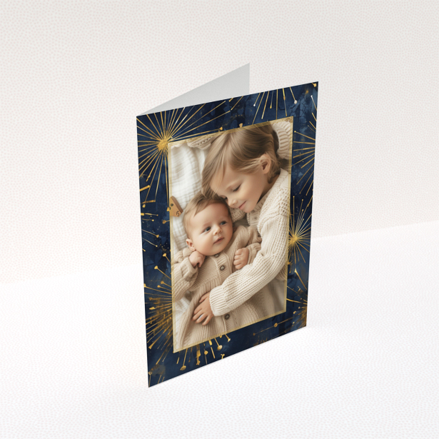 Baby thank you card design with one photo and a blue and gold festive background