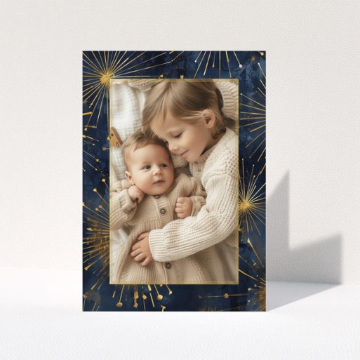 Baby thank you card design with one photo and a blue and gold festive background