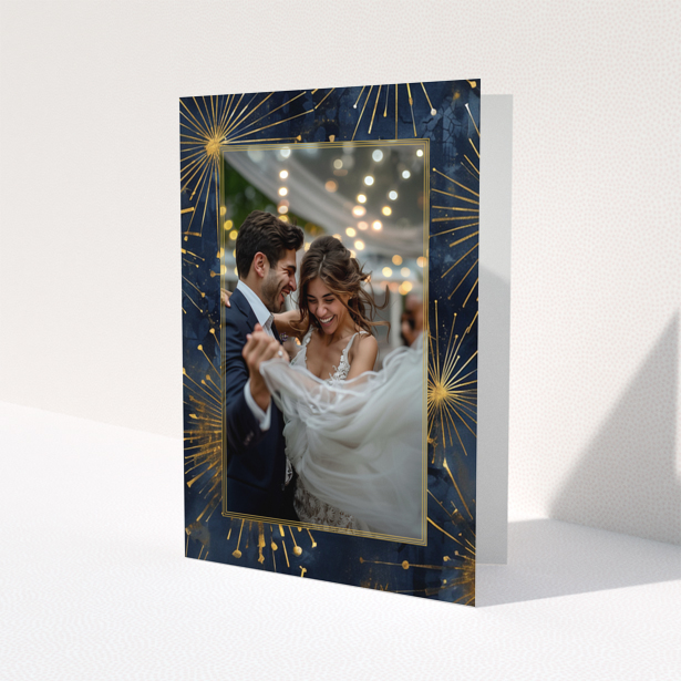 Wedding invitation card design with one photo of a couple dancing