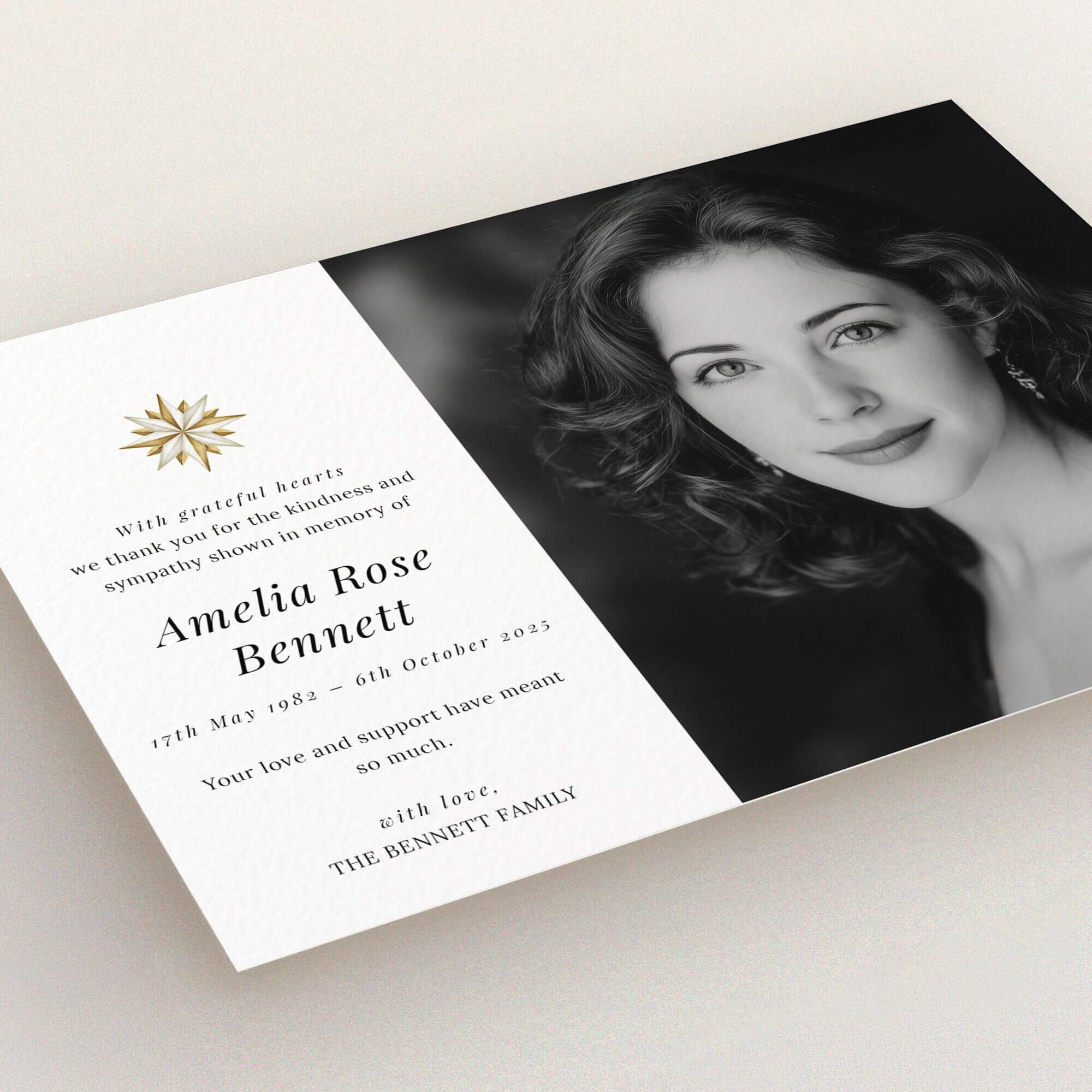 Funeral thank you card design with one photo alongside elegant text layout.
