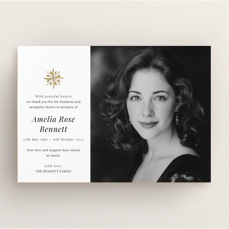 Funeral thank you card design with one photo alongside elegant text layout.