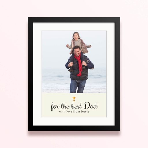 Framed and mounted photo print with a father carrying his daughter on his shoulders, featuring one photo.