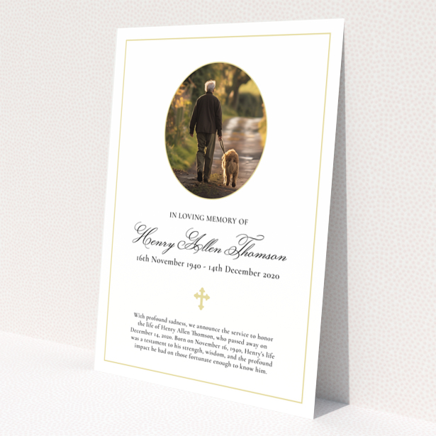 Funeral announcement design with photo of 1 person and dog walking down a path.