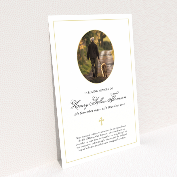 Funeral announcement design back page with service details in elegant script named Portrait