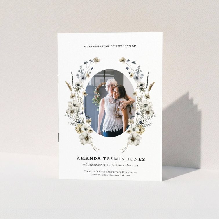 Floral funeral order of service program design with one photo for personalised memorial stationery.