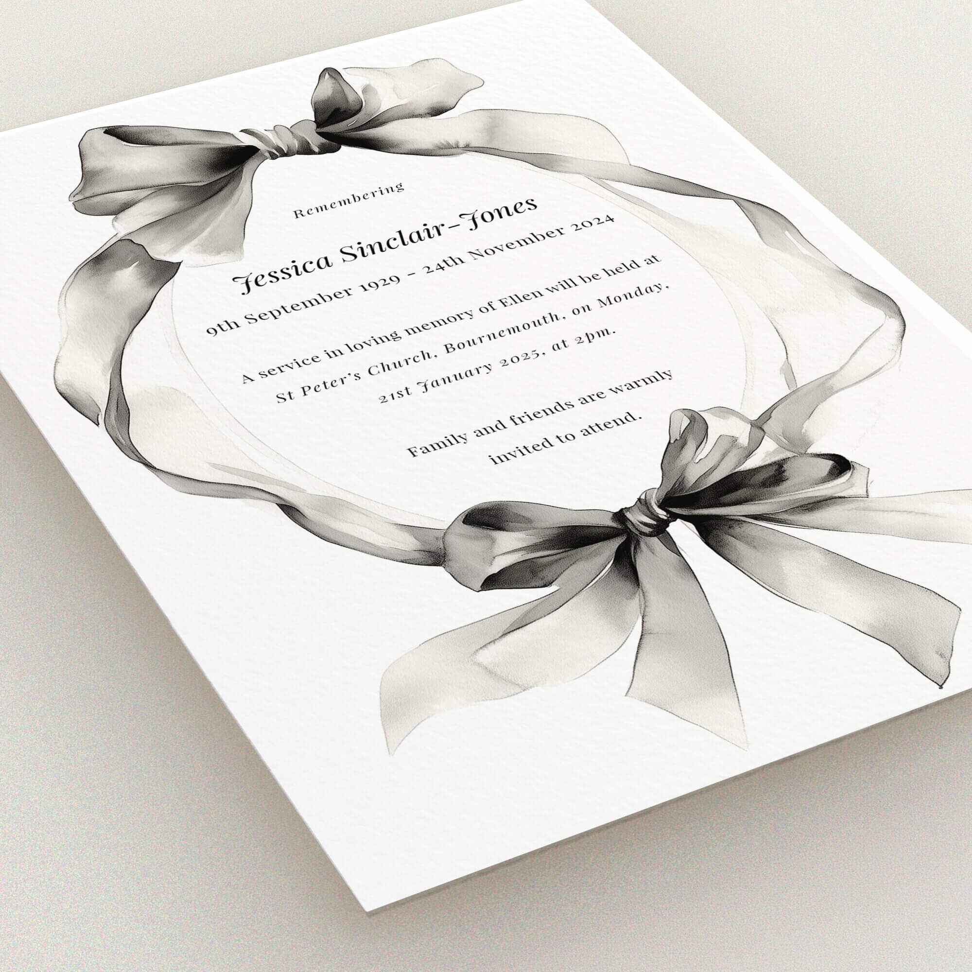 Funeral announcement design featuring a decorative ribbon with no photos