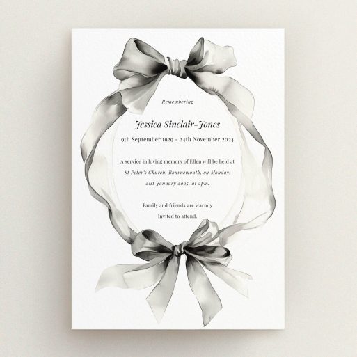 Funeral announcement design featuring a decorative ribbon with no photos