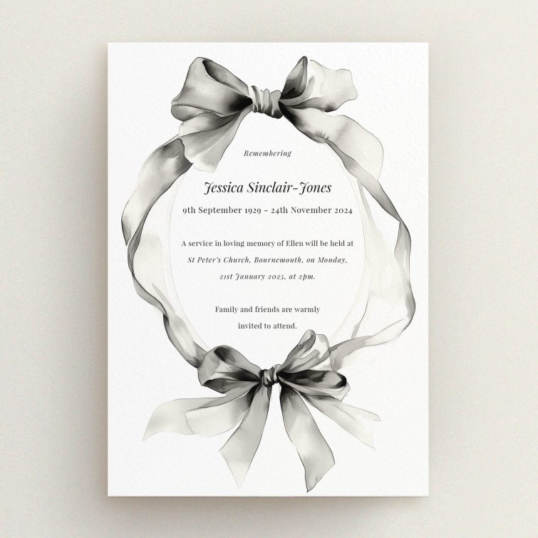 Funeral announcement design featuring a decorative ribbon with no photos