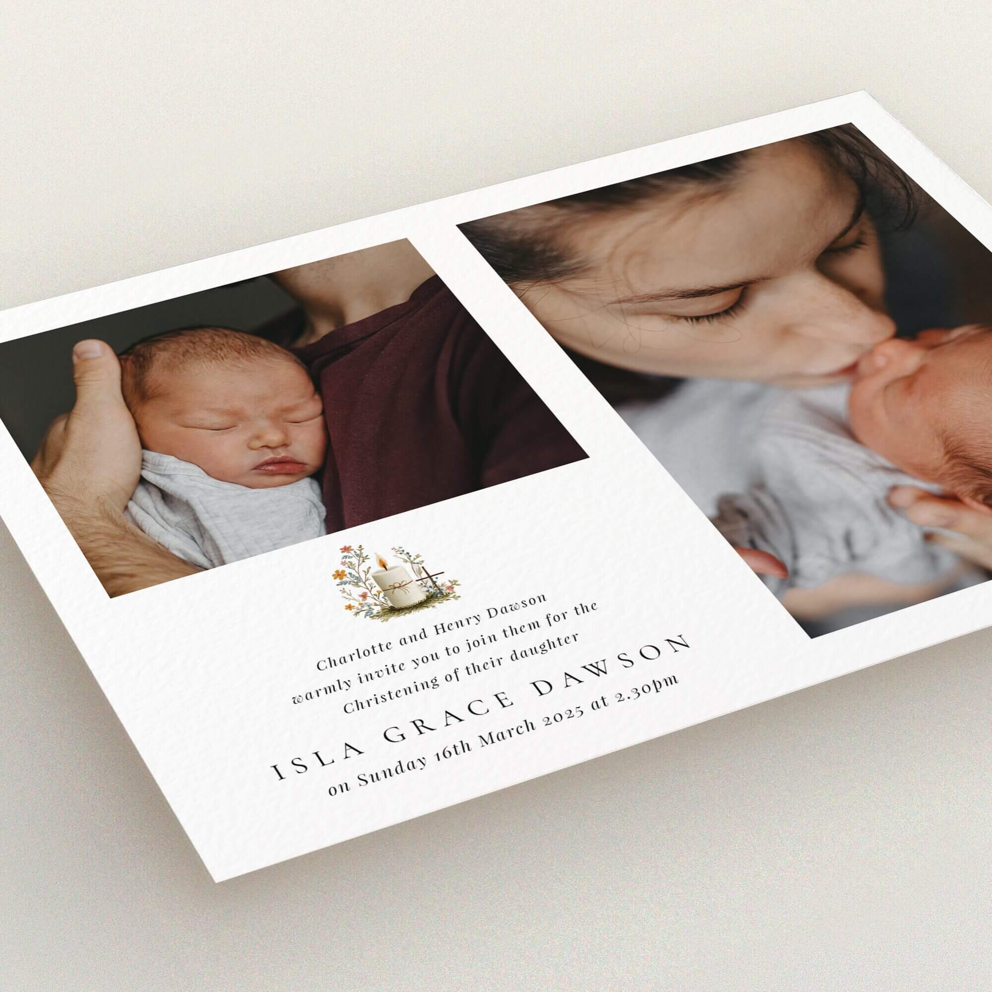 Christening invitation design with two photos of a baby, professionally crafted for personalisation and special occasions.