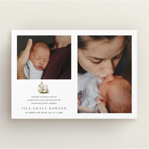 Christening Invitation Design Christening invitation design with two photos of a baby, professionally crafted for personalisation and special occasions.