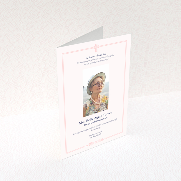 Funeral thank you card design with a single photo and elegant border.