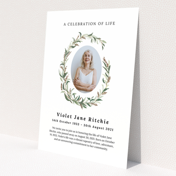 Funeral announcement with one photo and floral design elements commemorating Violet Jane Ritchie.