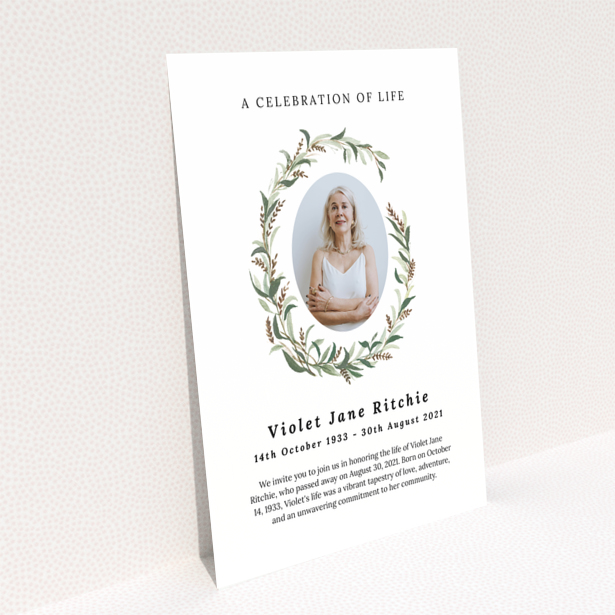 Portrait funeral announcement reverse side design with no photos displayed